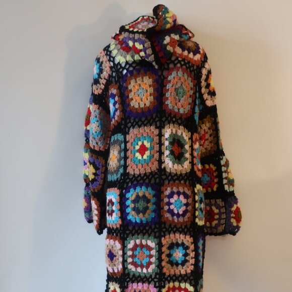 NWT Womens Tina Demel Multicolor Hood Granny Square Crochet Cardigan Sweater M/L - Picture 9 of 13